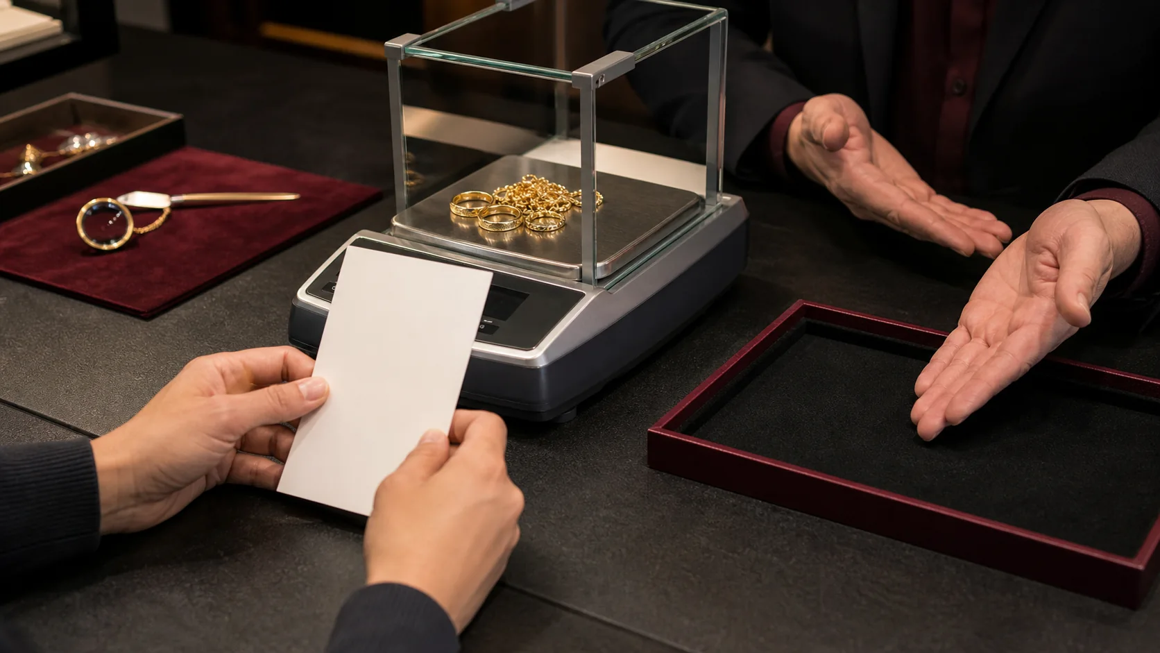 客人在金飾過磅時核對空白清單並確認物件全程可見